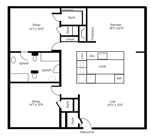 Floor plan for 3 beds, 2 baths, 1382 sqft
